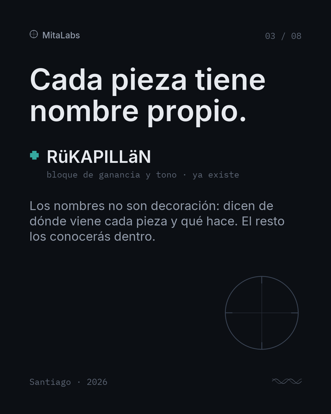 Cada pieza tiene nombre propio. RüKAPILLäN, bloque de ganancia y tono.